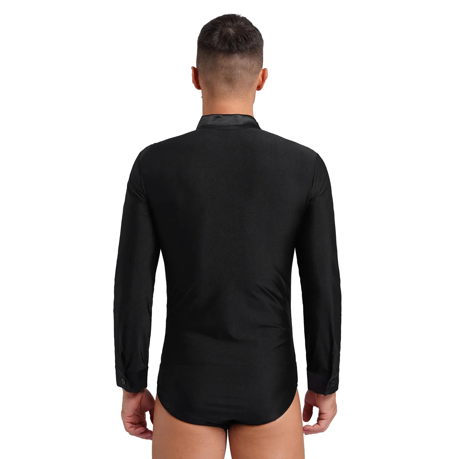 Men's V-Neck Dance Leotard Shirt Bodysuit Glitter Rhinestones Gymnastics Skating Ballroom Chacha Costume