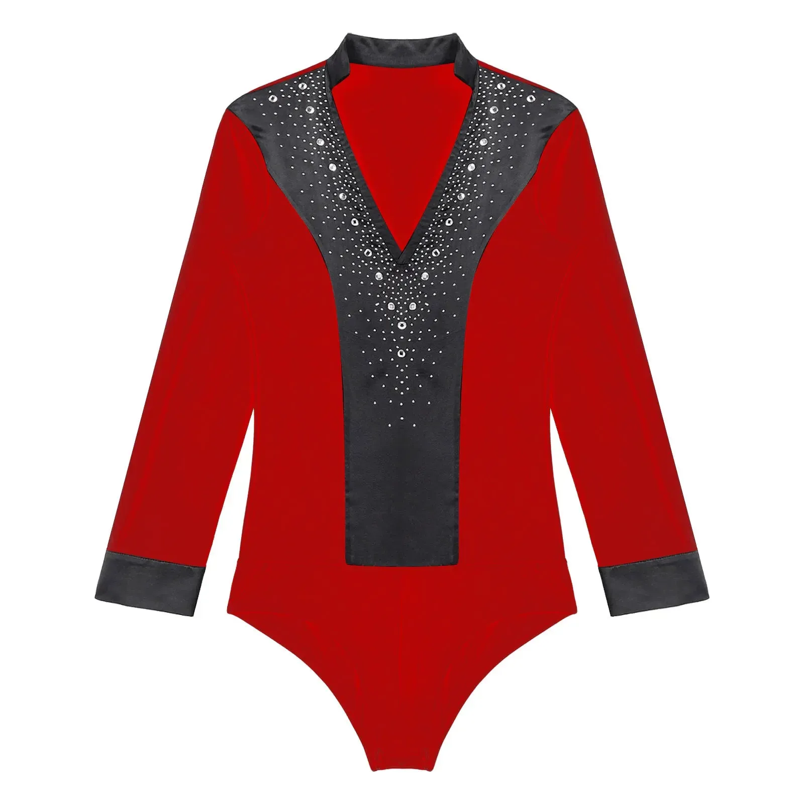 Men's V-Neck Dance Leotard Shirt Bodysuit Glitter Rhinestones Gymnastics Skating Ballroom Chacha Costume