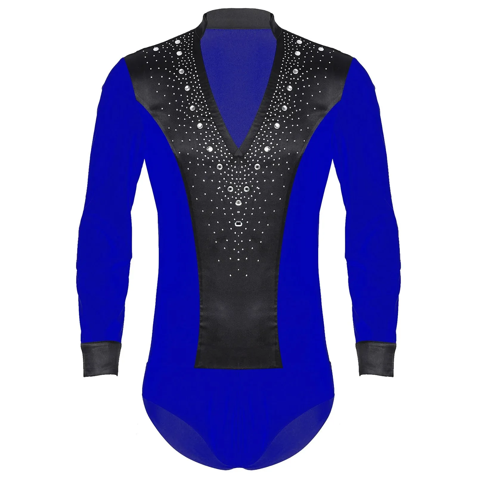 Men's V-Neck Dance Leotard Shirt Bodysuit Glitter Rhinestones Gymnastics Skating Ballroom Chacha Costume