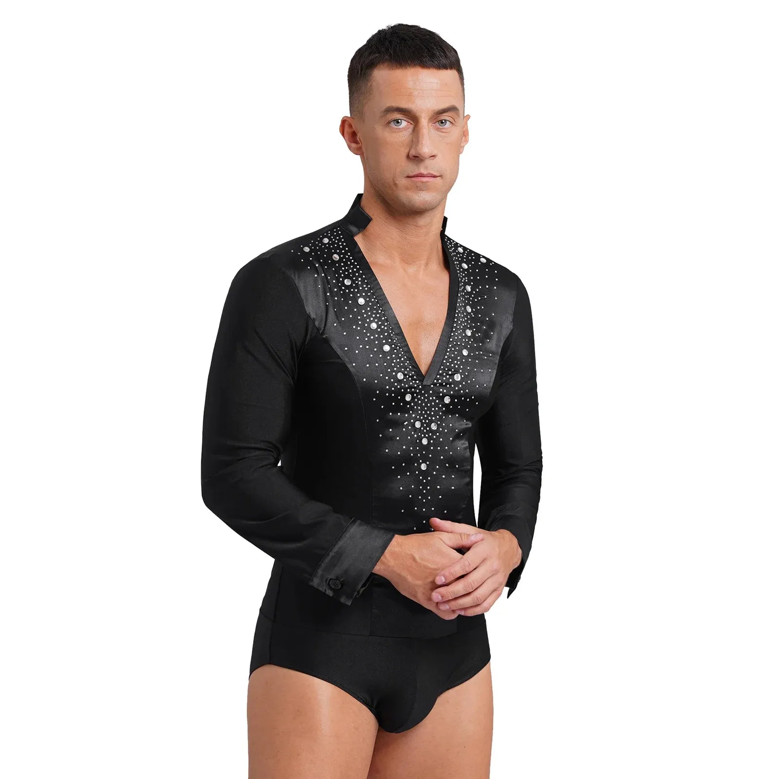 Men's V-Neck Dance Leotard Shirt Bodysuit Glitter Rhinestones Gymnastics Skating Ballroom Chacha Costume
