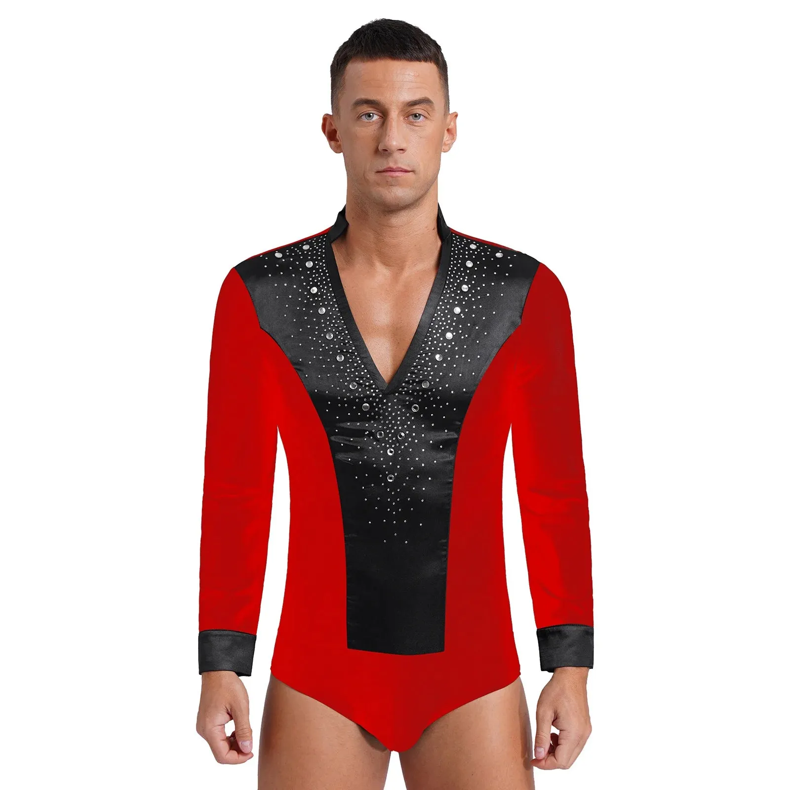 Men's V-Neck Dance Leotard Shirt Bodysuit Glitter Rhinestones Gymnastics Skating Ballroom Chacha Costume