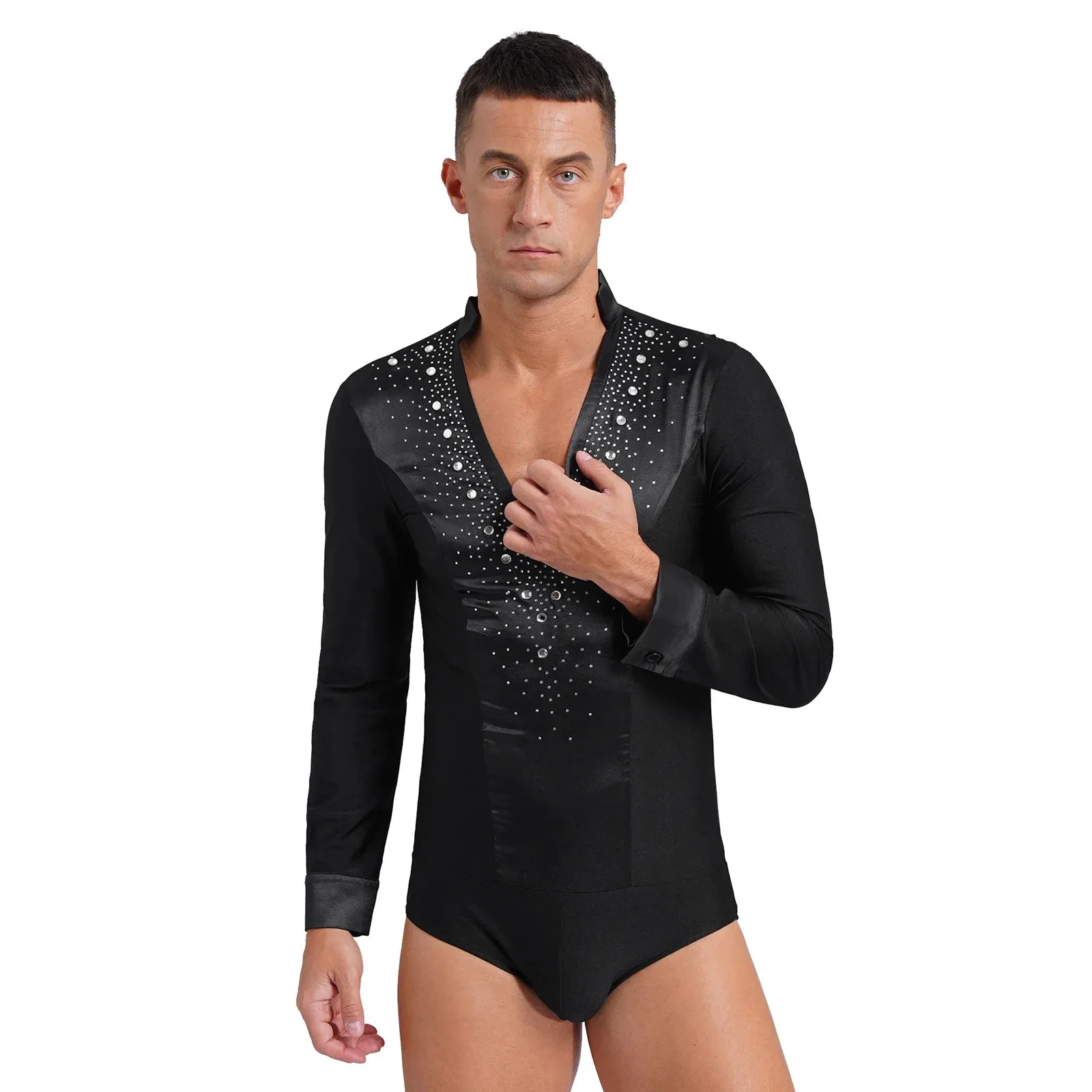 Men's V-Neck Dance Leotard Shirt Bodysuit Glitter Rhinestones Gymnastics Skating Ballroom Chacha Costume