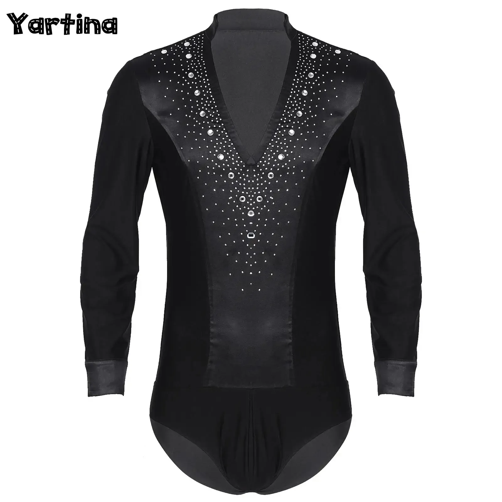 Men's V-Neck Dance Leotard Shirt Bodysuit Glitter Rhinestones Gymnastics Skating Ballroom Chacha Costume