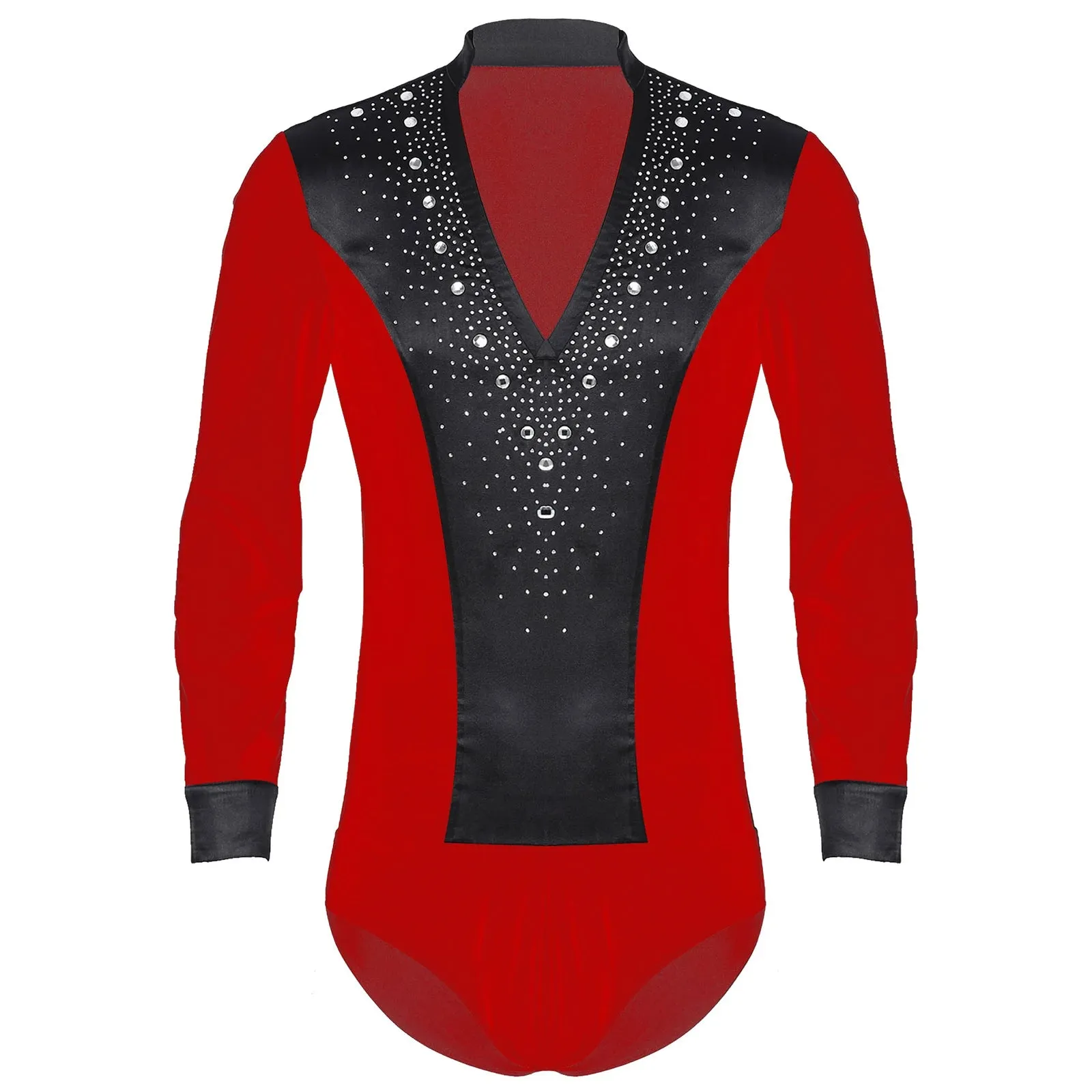 Men's V-Neck Dance Leotard Shirt Bodysuit Glitter Rhinestones Gymnastics Skating Ballroom Chacha Costume