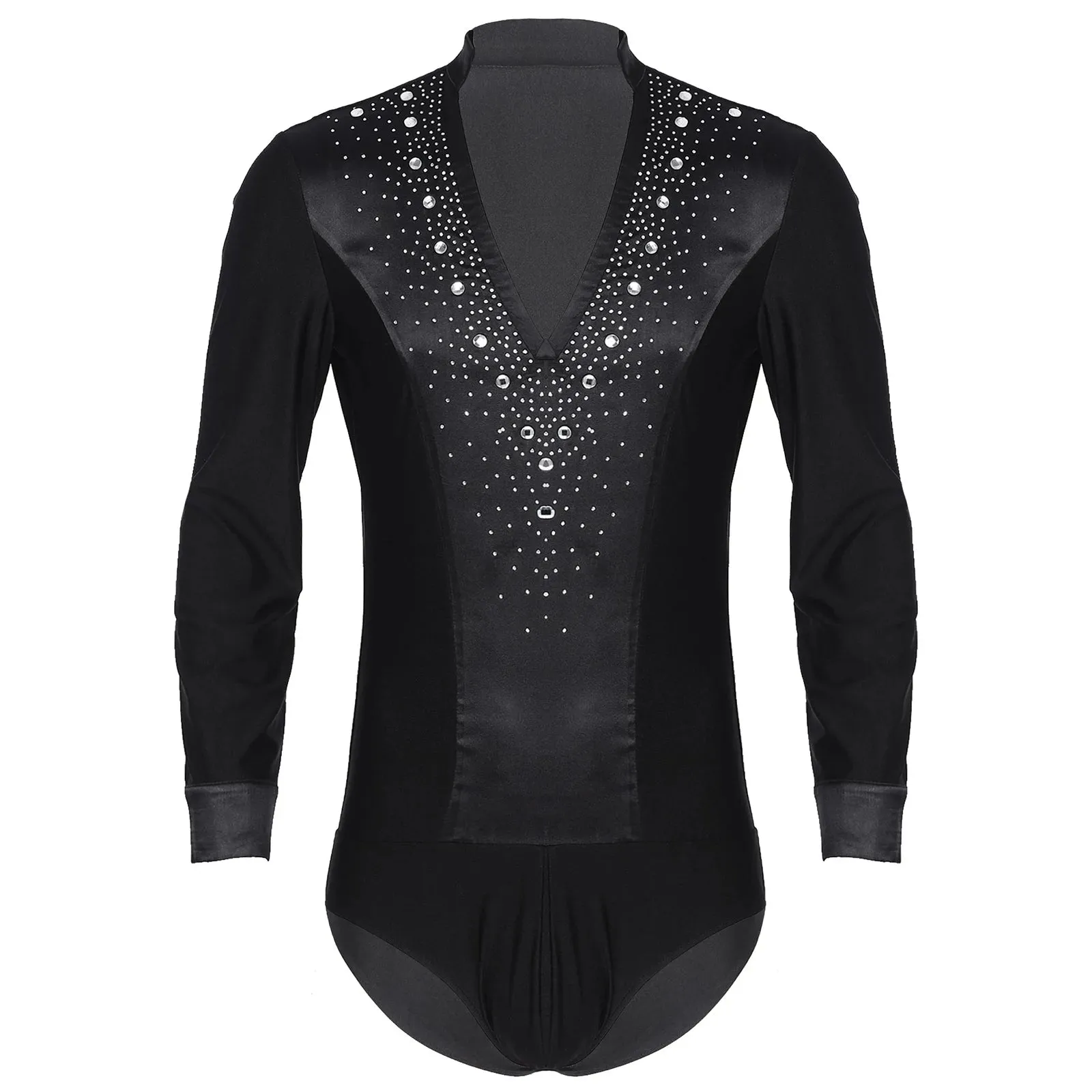 Men's V-Neck Dance Leotard Shirt Bodysuit Glitter Rhinestones Gymnastics Skating Ballroom Chacha Costume