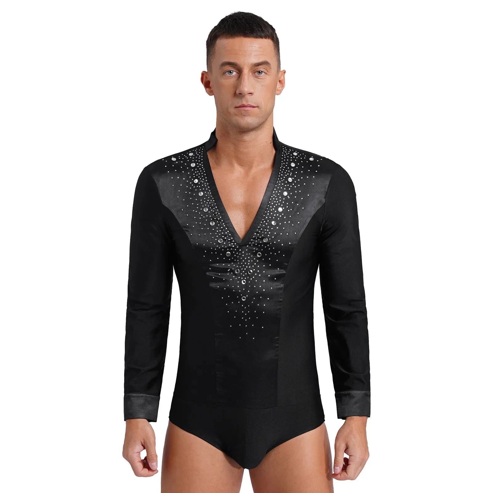 Men's V-Neck Dance Leotard Shirt Bodysuit Glitter Rhinestones Gymnastics Skating Ballroom Chacha Costume