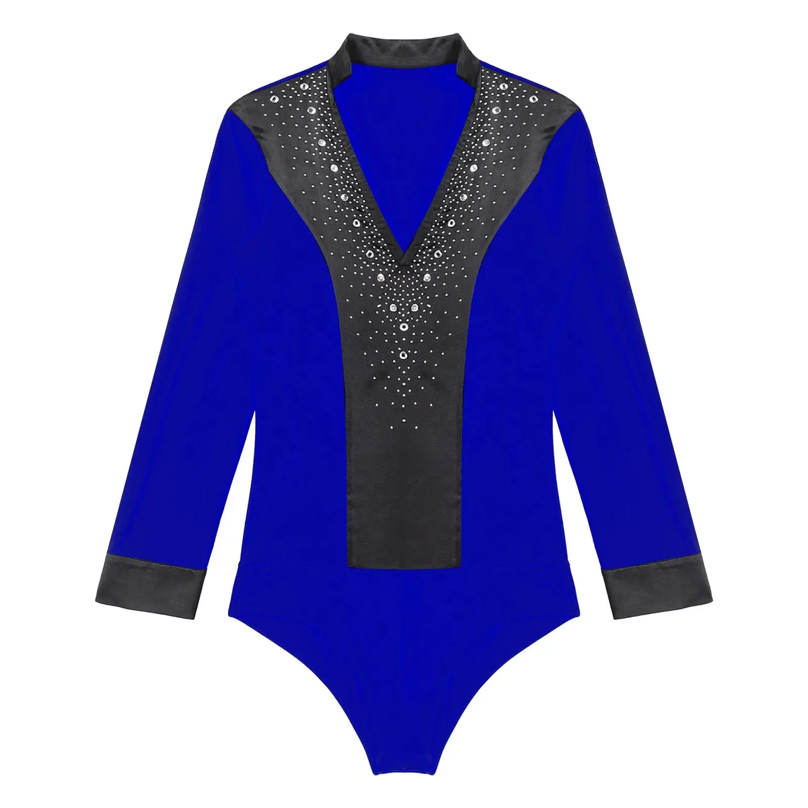 Men's V-Neck Dance Leotard Shirt Bodysuit Glitter Rhinestones Gymnastics Skating Ballroom Chacha Costume
