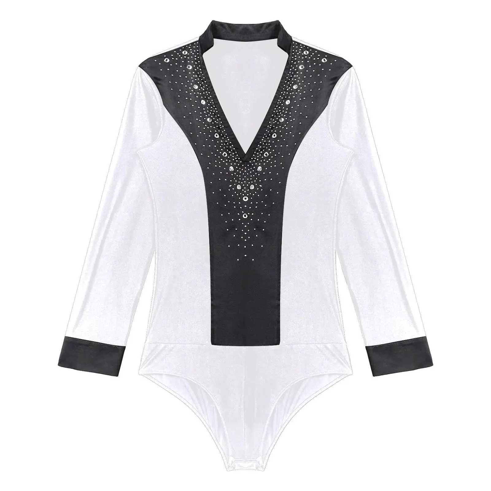 Men's V-Neck Dance Leotard Shirt Bodysuit Glitter Rhinestones Gymnastics Skating Ballroom Chacha Costume