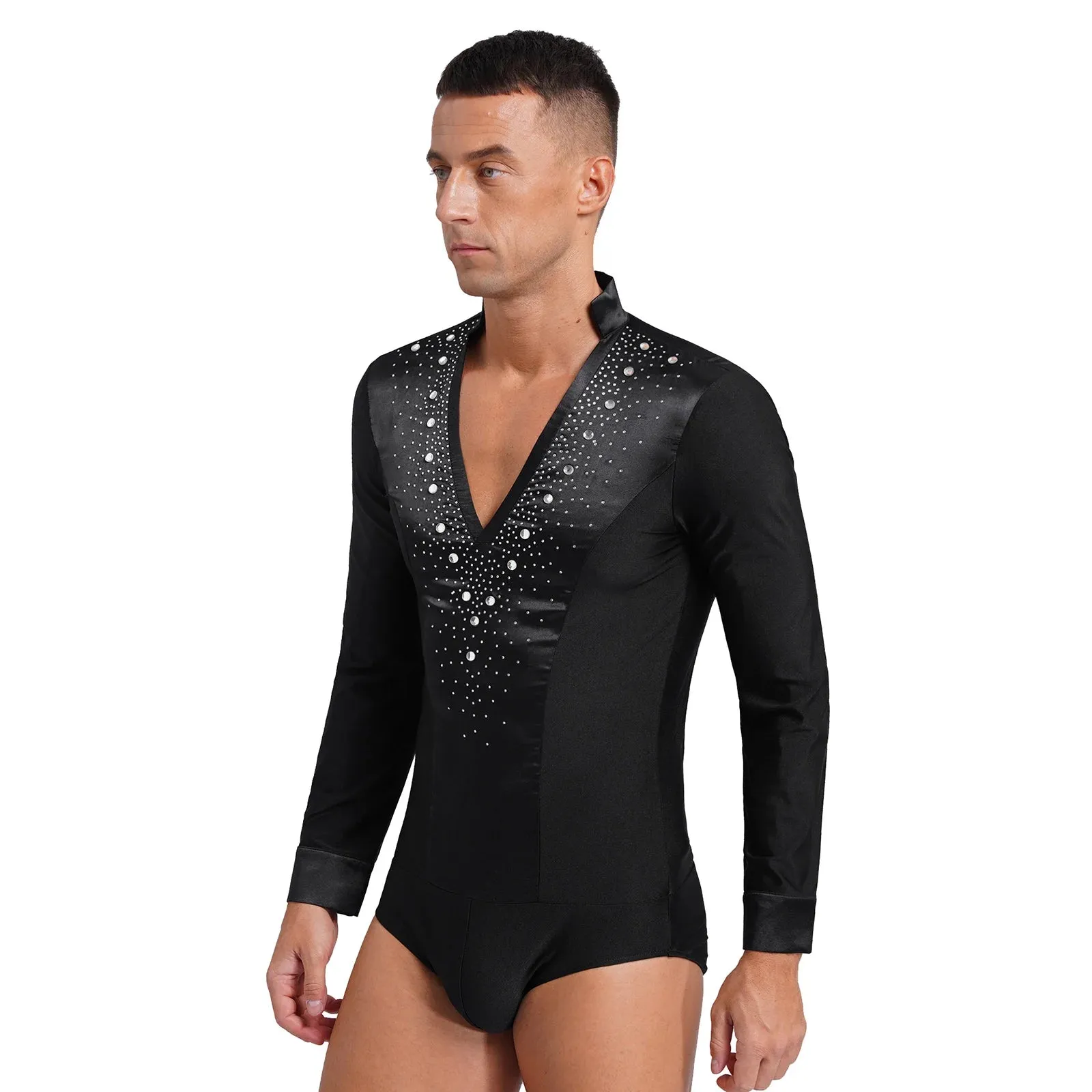 Men's V-Neck Dance Leotard Shirt Bodysuit Glitter Rhinestones Gymnastics Skating Ballroom Chacha Costume