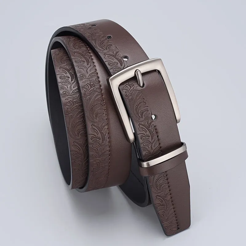Men's Vintage Embossed Faux Leather Belt with Zinc Alloy Buckle