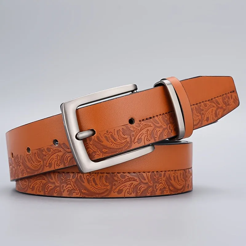 Men's Vintage Embossed Faux Leather Belt with Zinc Alloy Buckle