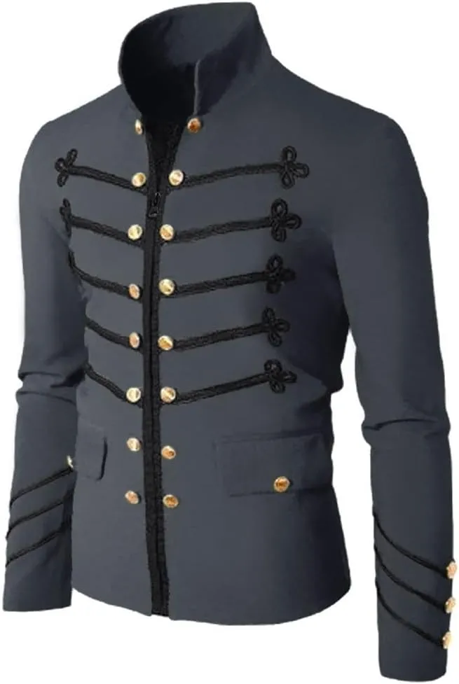 Mens Vintage Steampunk Jacket Embroidered Victorian Tailcoat Medieval Gothic Jacket Stand Up Collar Button Fly Coats