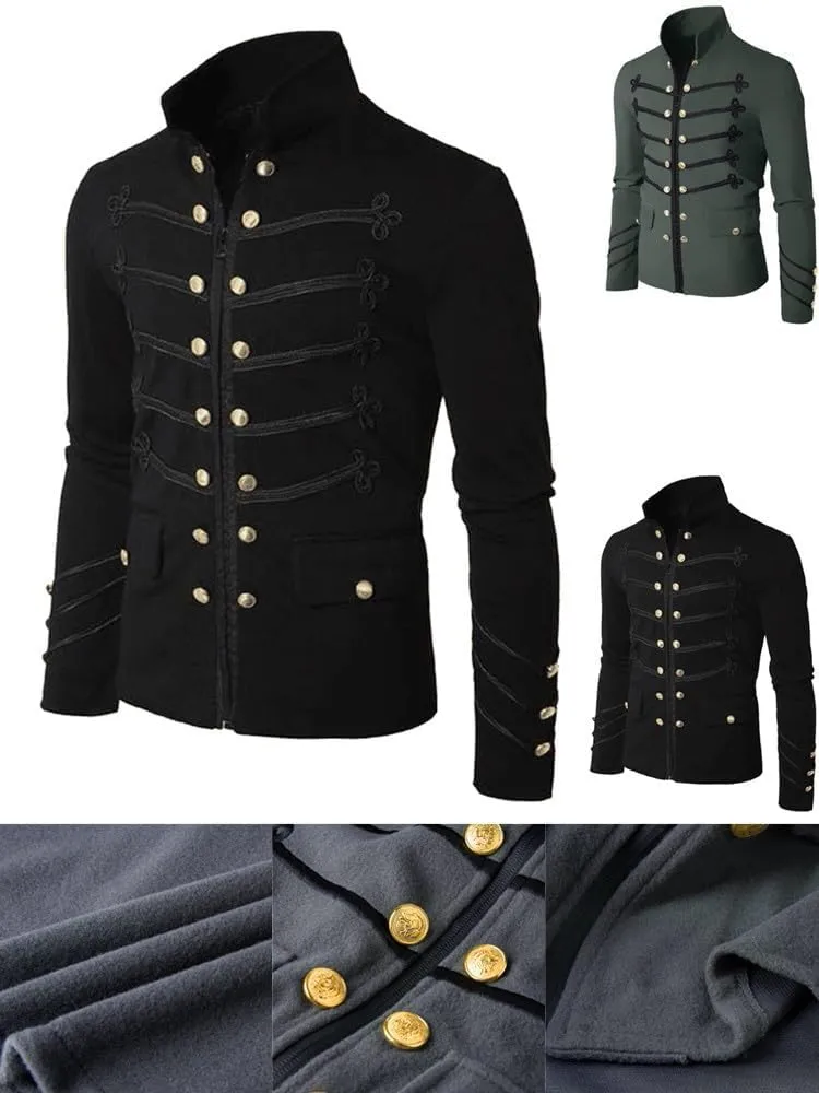 Mens Vintage Steampunk Jacket Embroidered Victorian Tailcoat Medieval Gothic Jacket Stand Up Collar Button Fly Coats