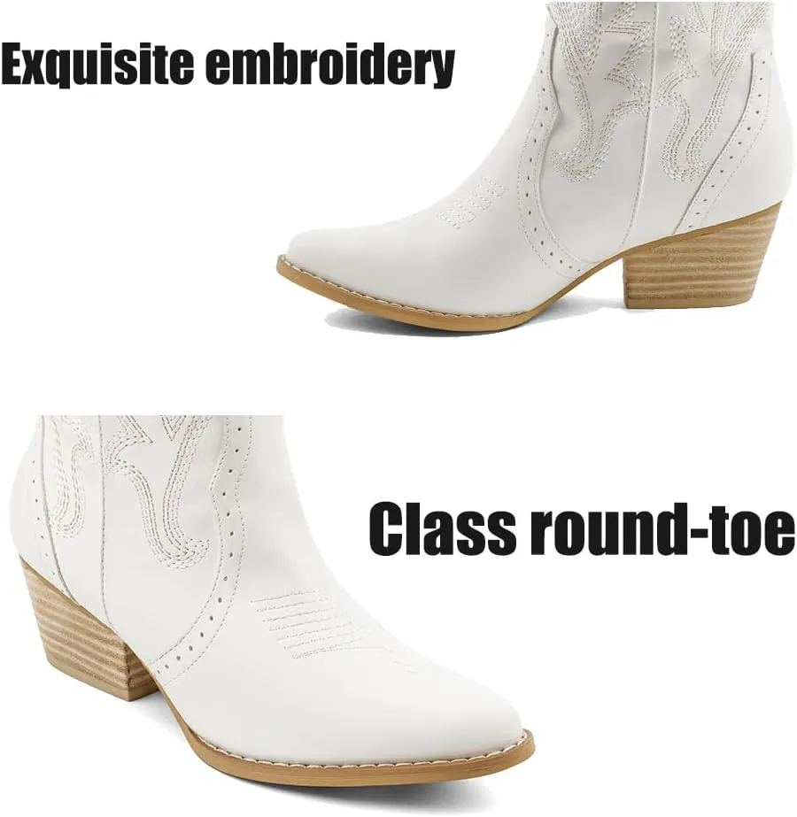 MERUMOTE Women's Pointed Toe Embroidered Western Cowboy Pull On Winter Ankle Boots