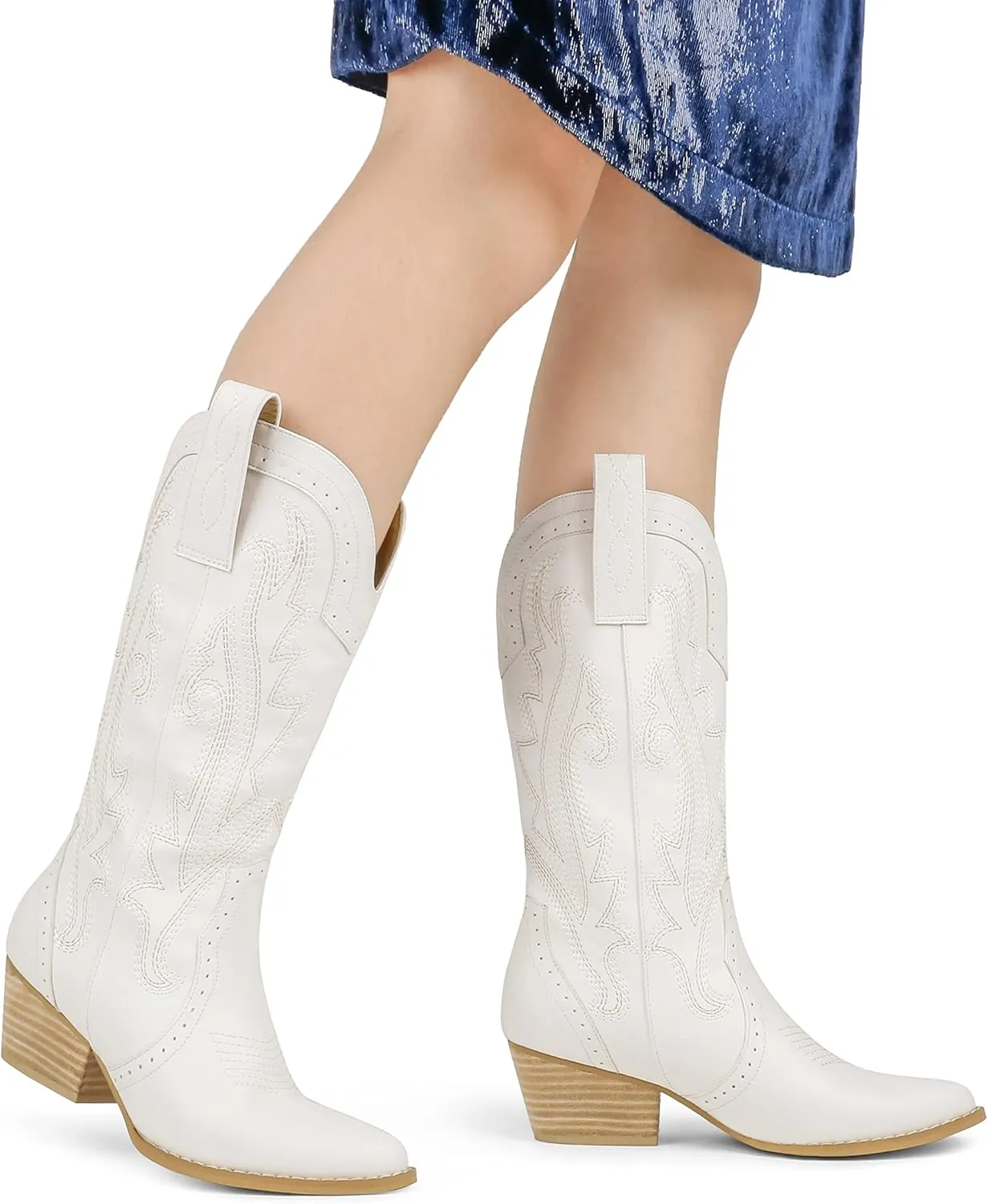 MERUMOTE Women's Pointed Toe Embroidered Western Cowboy Pull On Winter Ankle Boots