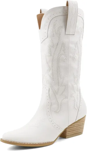 MERUMOTE Women's Pointed Toe Embroidered Western Cowboy Pull On Winter Ankle Boots