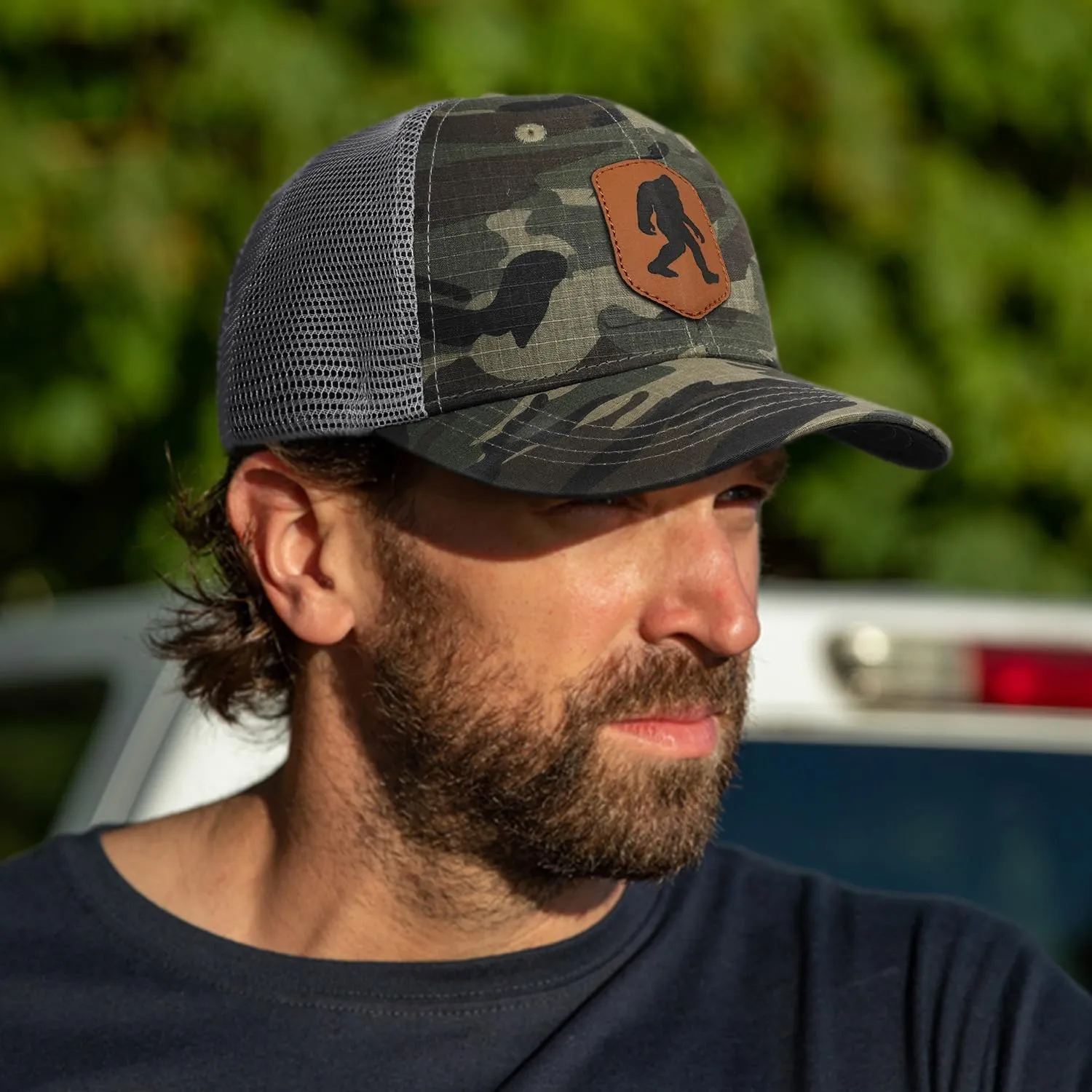Mesh Bigfoot Hat Leather Cap for Men- Great Snapback Closure Sasquatch Hat for Hunting & Hiking