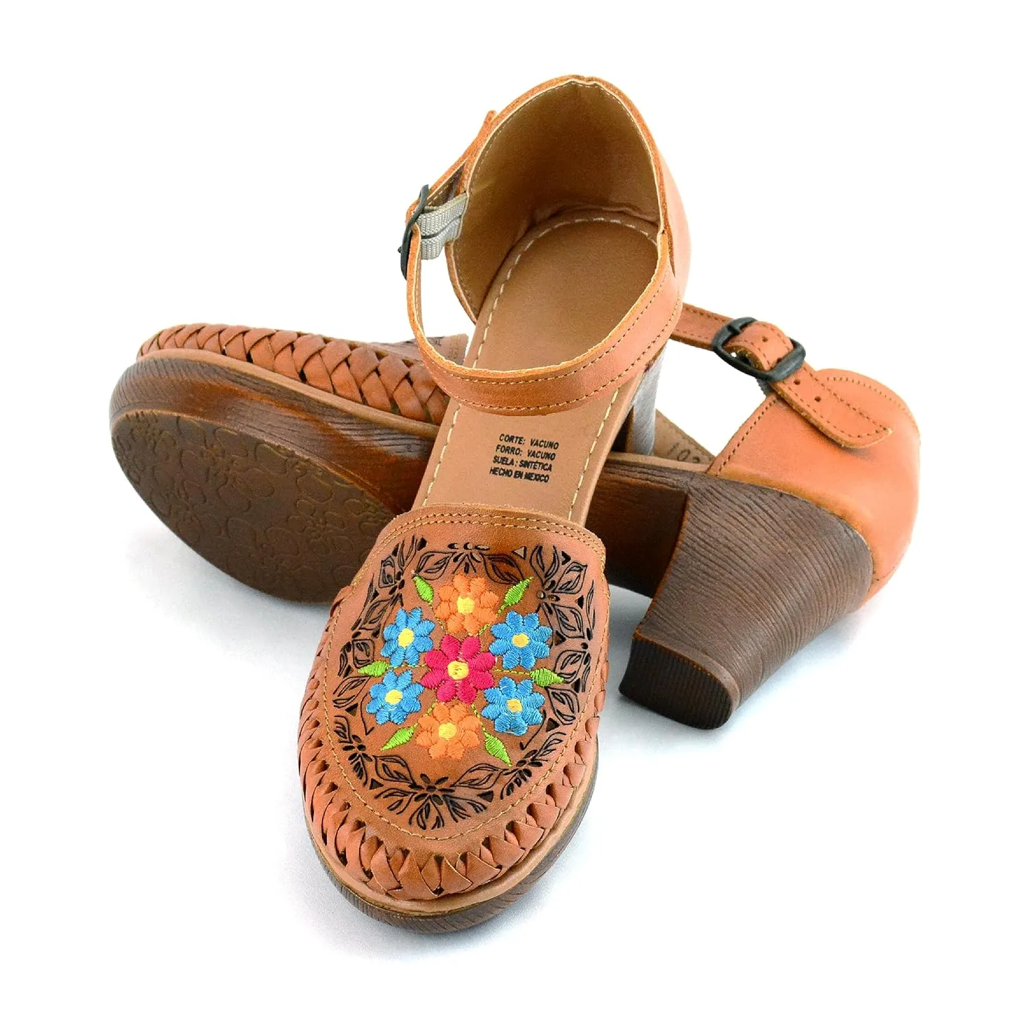 Mexican Leather Shoes with Embroidered Flowers, with heels for Women - Model 102BL (8, Brown)
