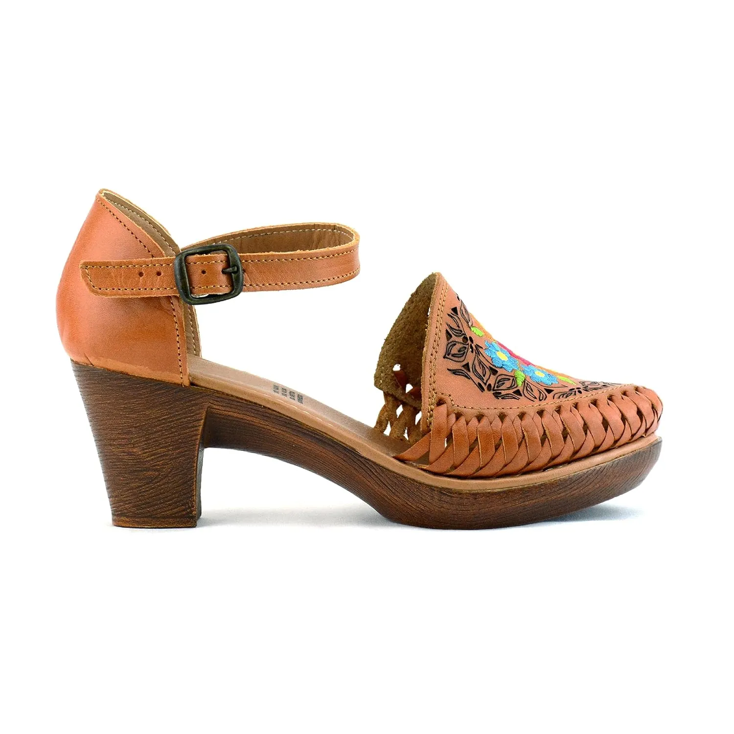 Mexican Leather Shoes with Embroidered Flowers, with heels for Women - Model 102BL (8, Brown)