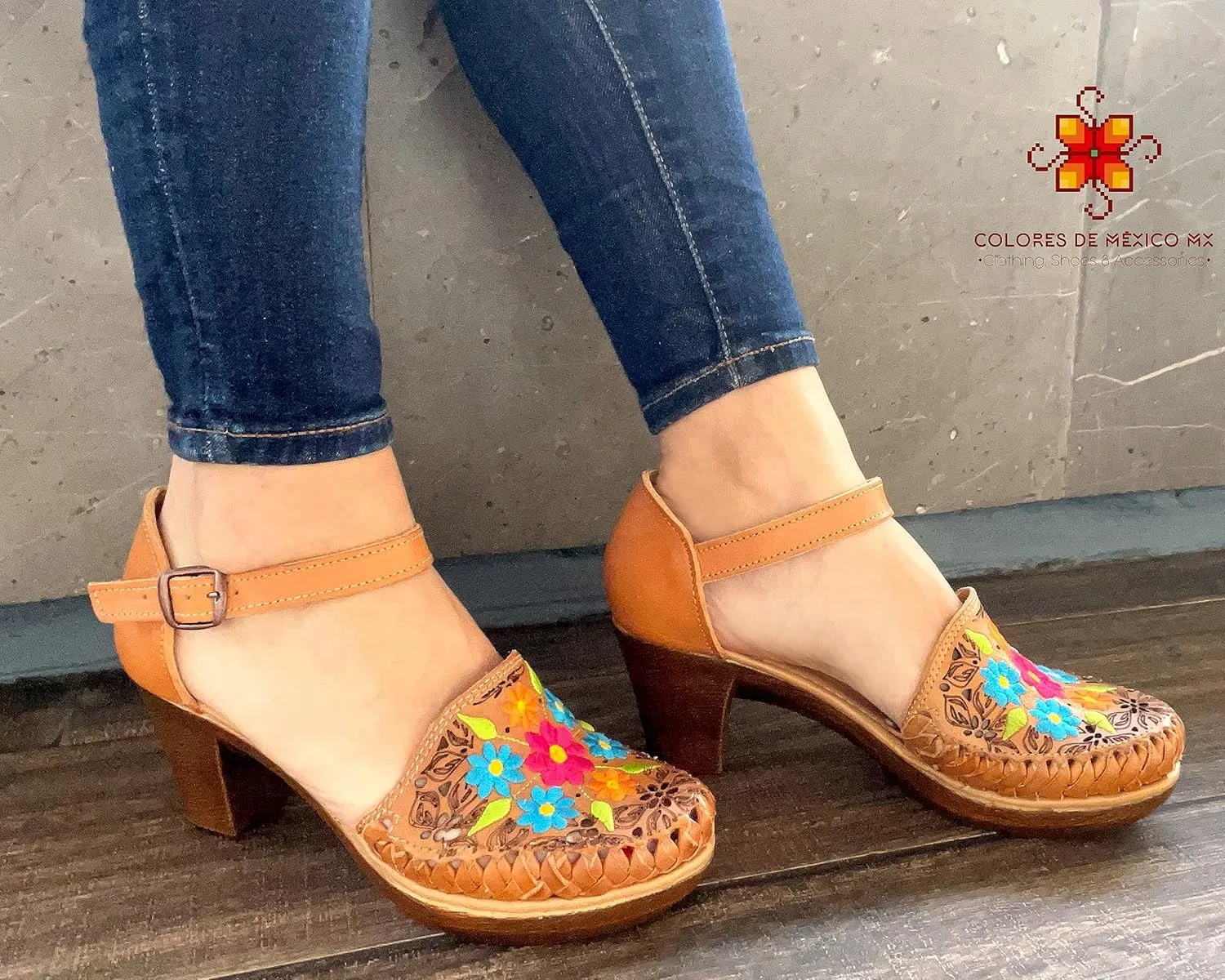 Mexican Leather Shoes with Embroidered Flowers, with heels for Women - Model 102BL (8, Brown)