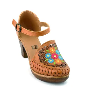 Mexican Leather Shoes with Embroidered Flowers, with heels for Women - Model 102BL (8, Brown)