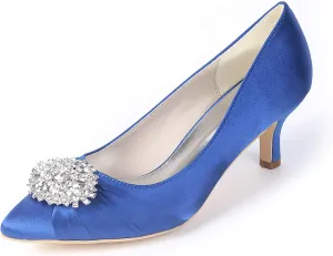Mid Heels Satin Rhinestones Wedding Shoes for Bride Pointed Toe Prom Evening Party Dress Pumps-1608-01AB