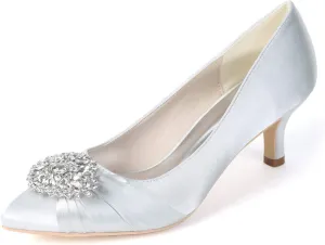 Mid Heels Satin Rhinestones Wedding Shoes for Bride Pointed Toe Prom Evening Party Dress Pumps-1608-01AB