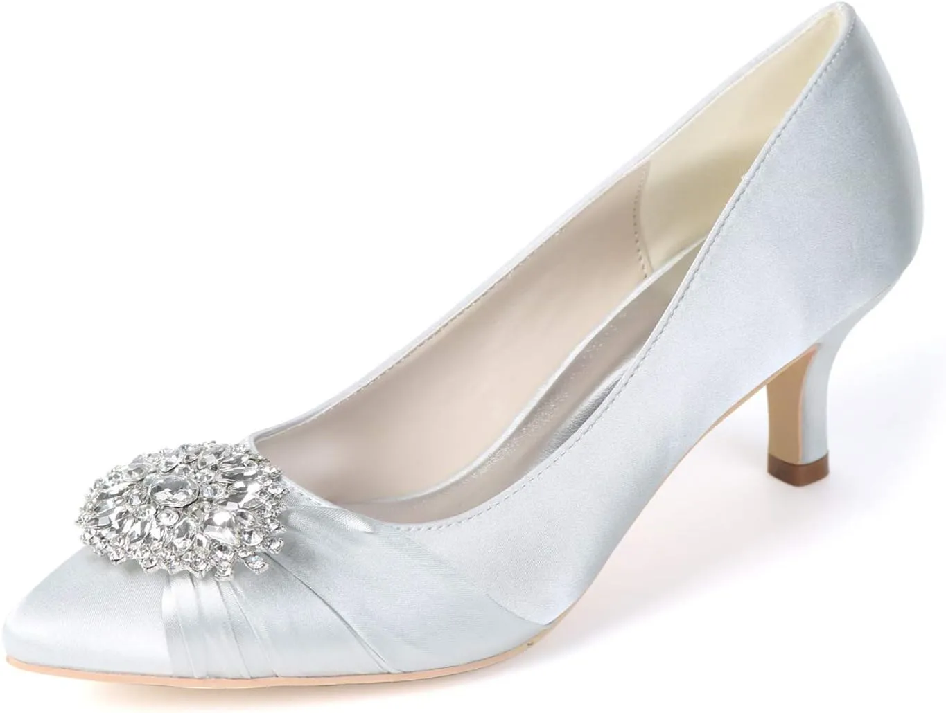 Mid Heels Satin Rhinestones Wedding Shoes for Bride Pointed Toe Prom Evening Party Dress Pumps-1608-01AB