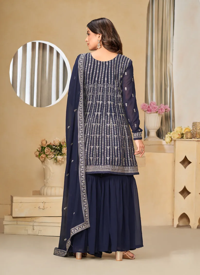 Midnight Blue Faux Georgette Embroidered Sarara Kameez