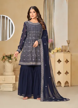 Midnight Blue Faux Georgette Embroidered Sarara Kameez