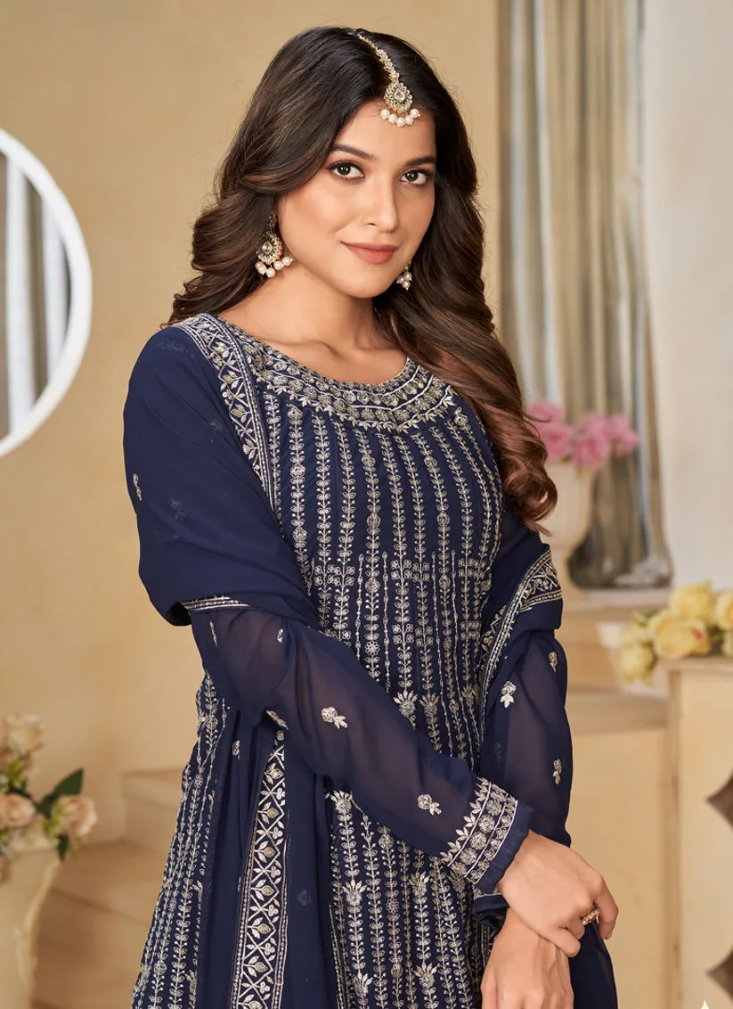 Midnight Blue Faux Georgette Embroidered Sarara Kameez