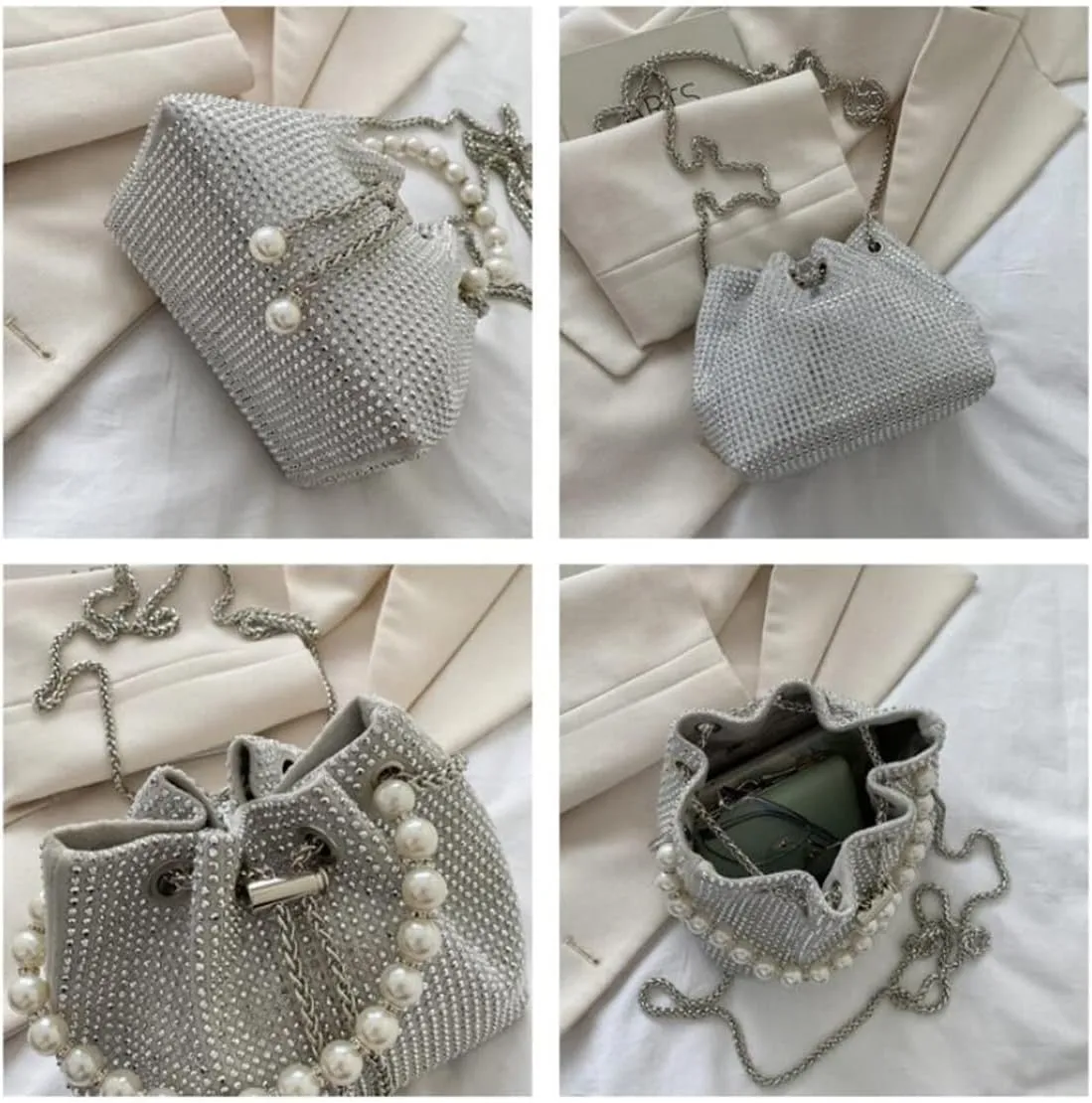 Mini Crossbody Shoulder Evening Bag Shinny Bling Clutch Purse Bucket Pearl Strap Handbag for Women