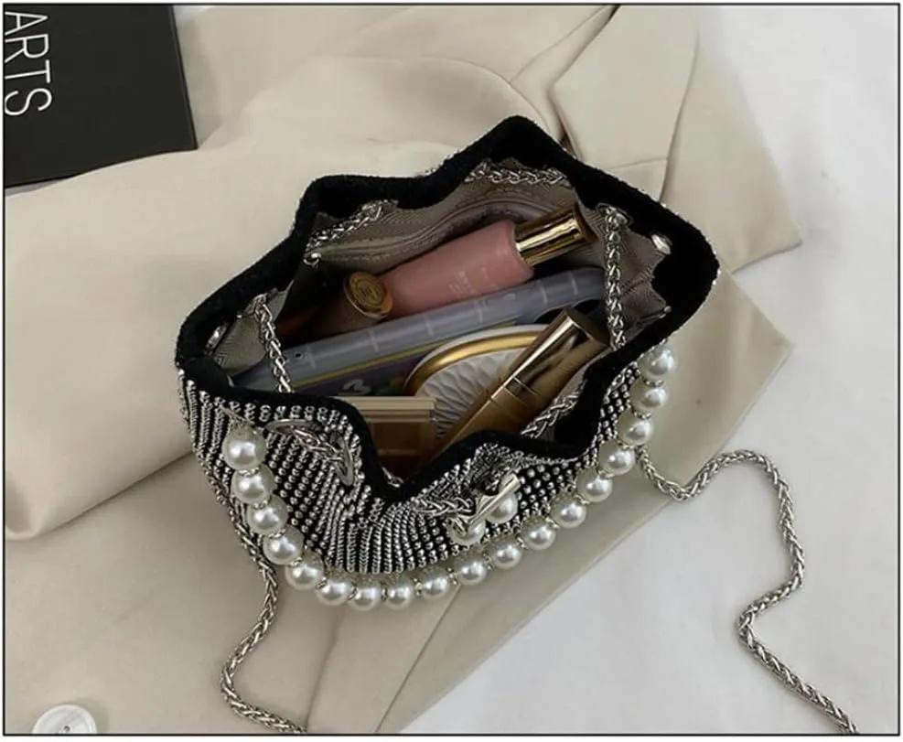 Mini Crossbody Shoulder Evening Bag Shinny Bling Clutch Purse Bucket Pearl Strap Handbag for Women