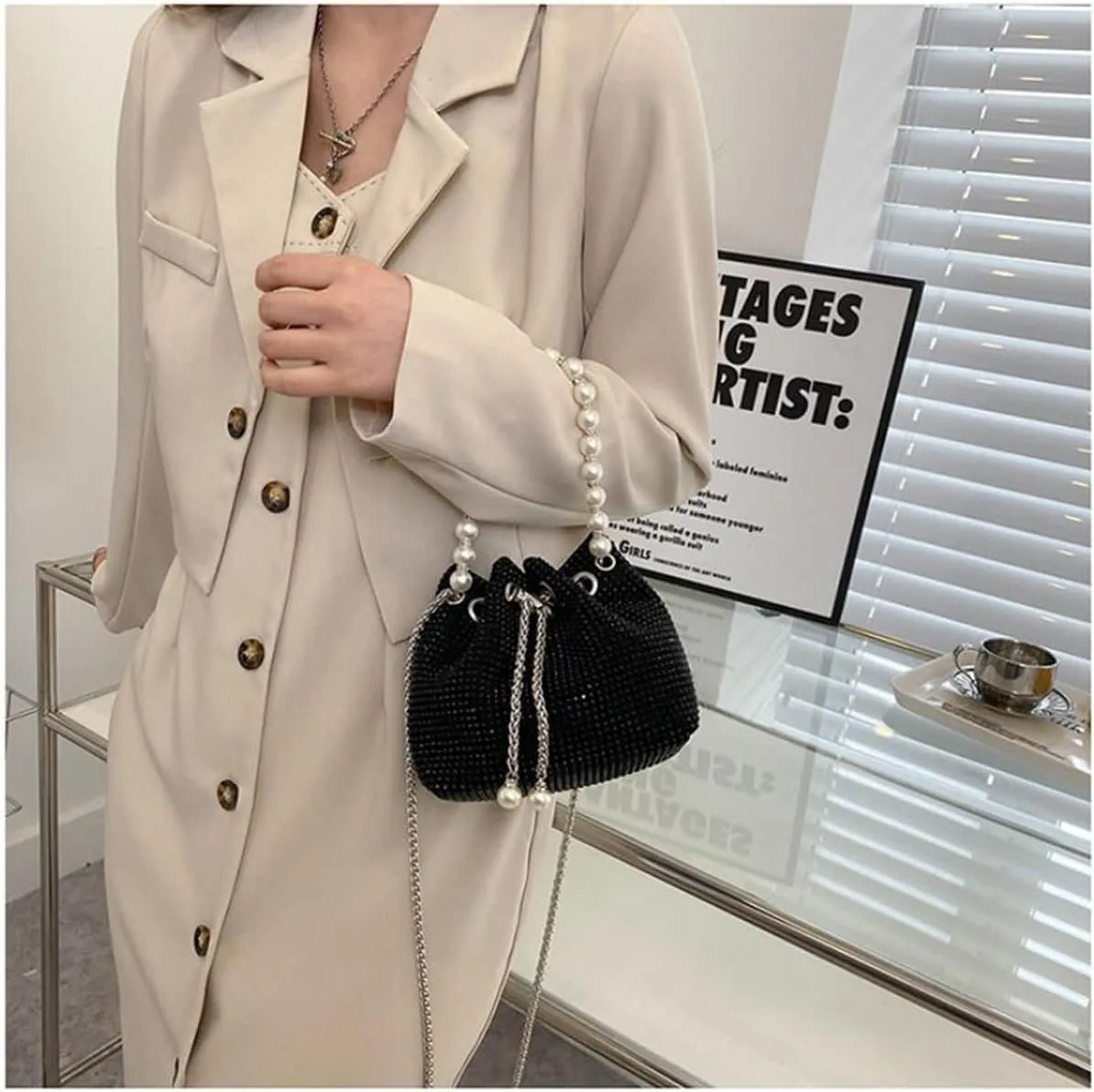 Mini Crossbody Shoulder Evening Bag Shinny Bling Clutch Purse Bucket Pearl Strap Handbag for Women