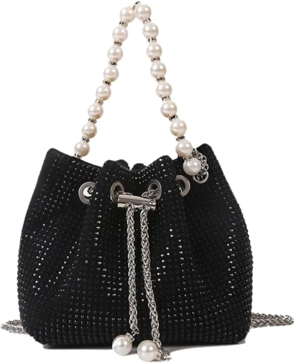 Mini Crossbody Shoulder Evening Bag Shinny Bling Clutch Purse Bucket Pearl Strap Handbag for Women