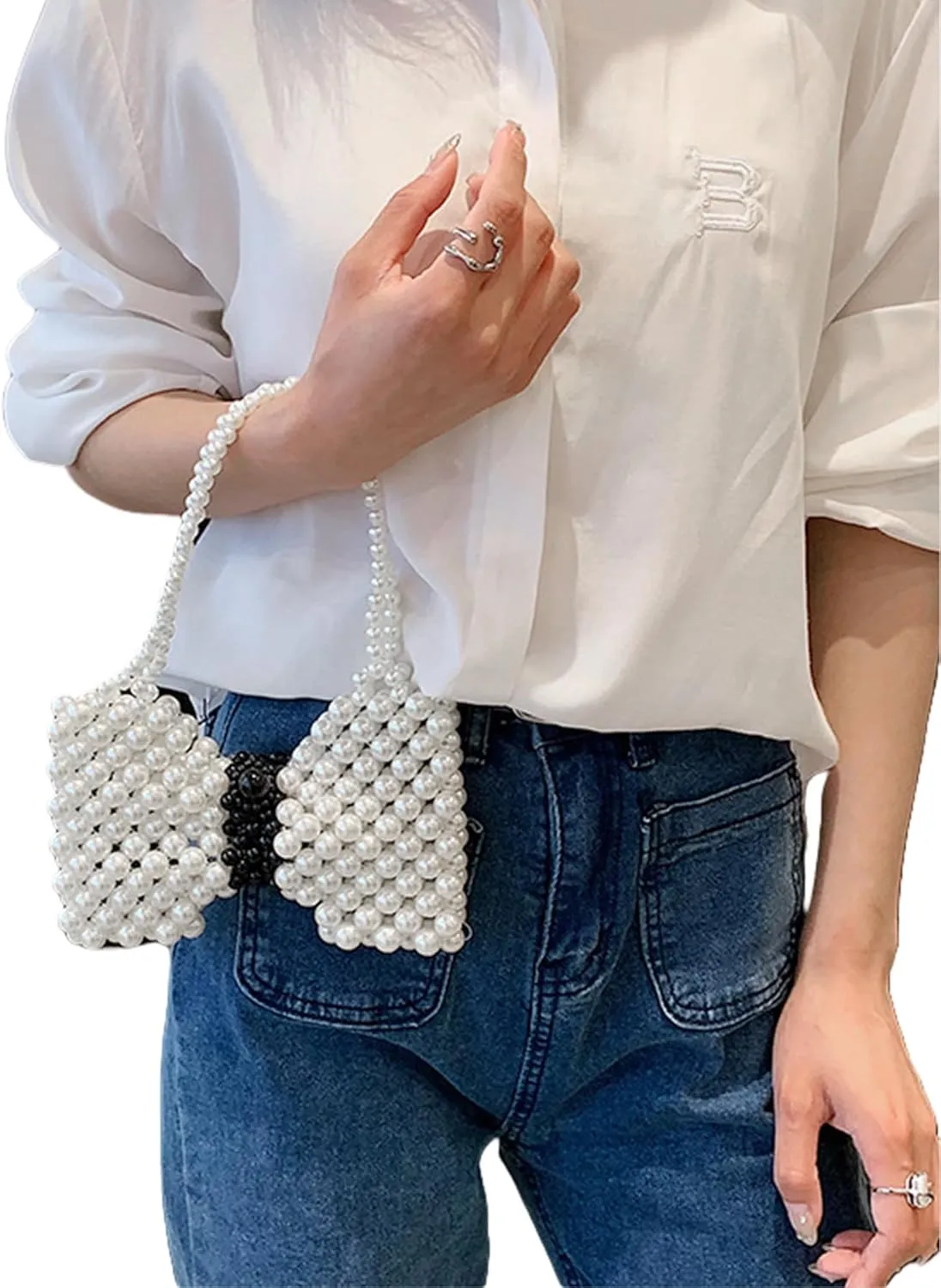 Mini White Pearl Purse for Girls Butterfly Crossbody Handbag Pearl Shoulder Bag Beaded Clutch for Women