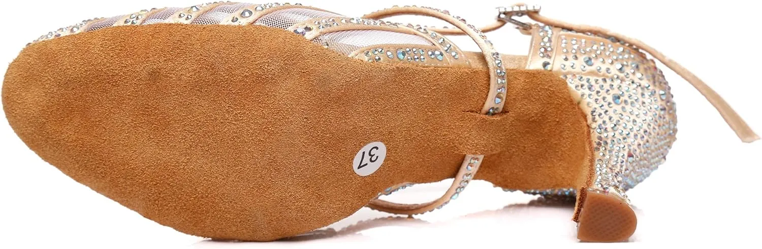Minishion Women's Latin Salsa Round Toe Crystals Glitter Social Dance Shoes Weddinb Prom Pumps