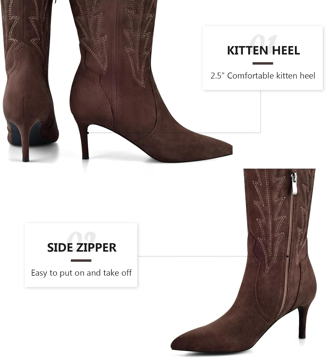 MIRAAZZURRA Knee High Boots Women Suede Cowboy Boots Pointed Toe Kitten Heel Western Embroidered Cowgirl Boot with Side Zipper