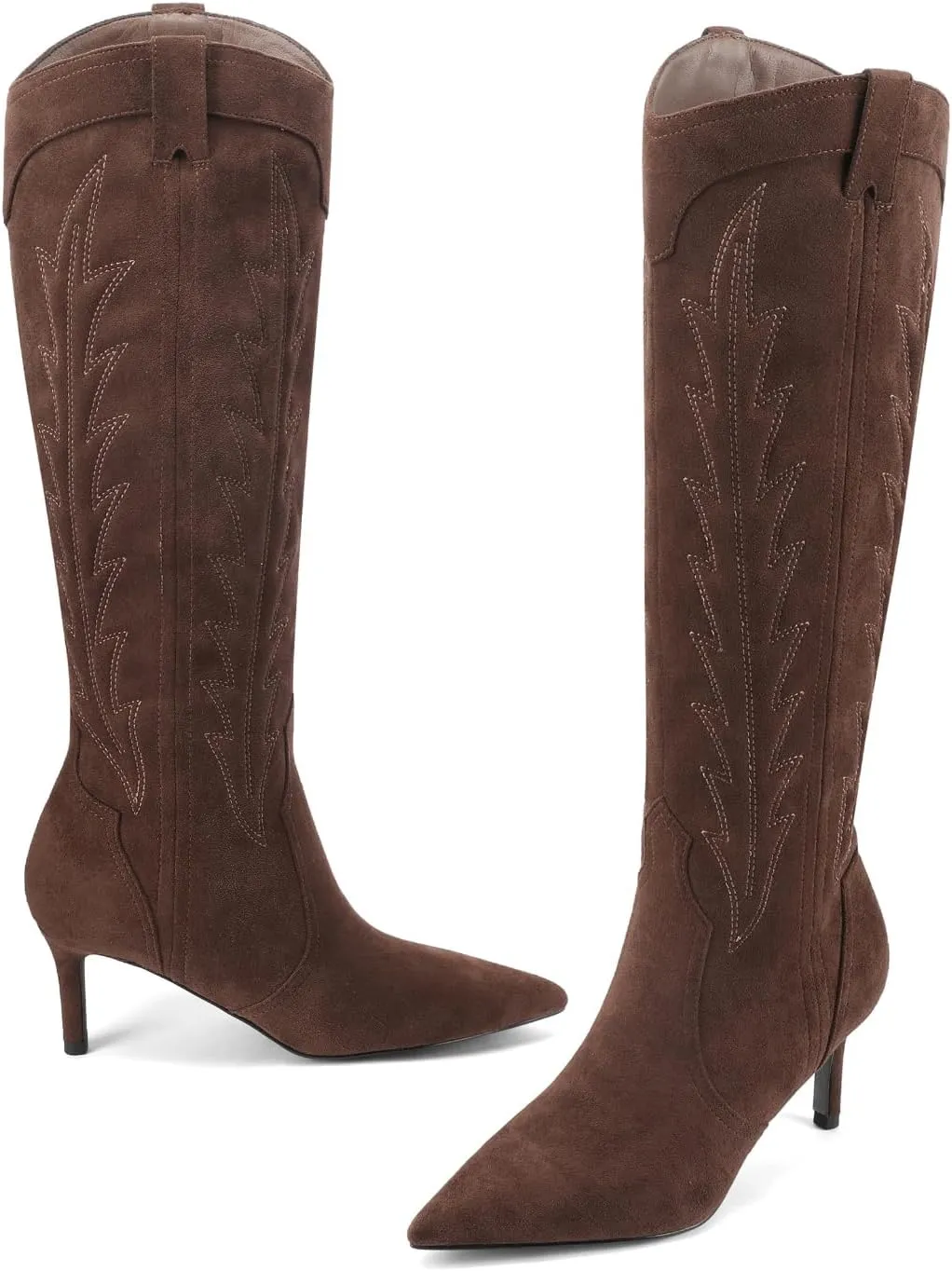 MIRAAZZURRA Knee High Boots Women Suede Cowboy Boots Pointed Toe Kitten Heel Western Embroidered Cowgirl Boot with Side Zipper