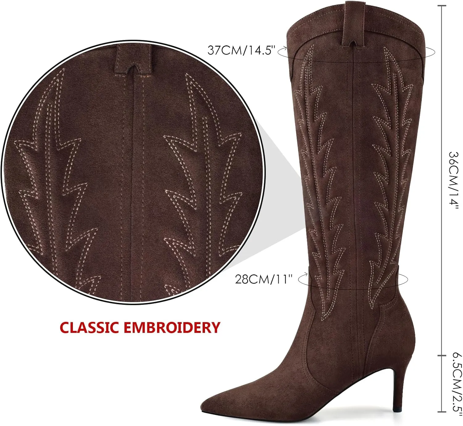 MIRAAZZURRA Knee High Boots Women Suede Cowboy Boots Pointed Toe Kitten Heel Western Embroidered Cowgirl Boot with Side Zipper