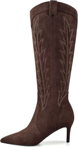 MIRAAZZURRA Knee High Boots Women Suede Cowboy Boots Pointed Toe Kitten Heel Western Embroidered Cowgirl Boot with Side Zipper