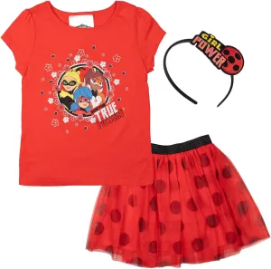 Miraculous Girls T-Shirt, Tutu Skirt and Satin Headband 3 Piece Outfit Set Little Kid to Big Kid Sizes (4-5 - 14-16)