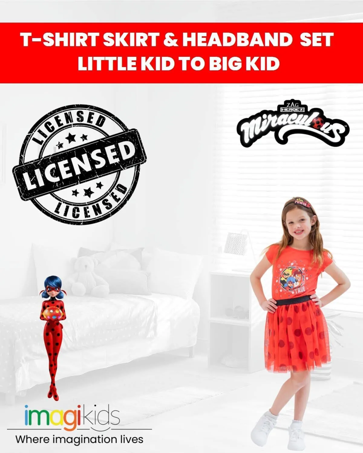 Miraculous Girls T-Shirt, Tutu Skirt and Satin Headband 3 Piece Outfit Set Little Kid to Big Kid Sizes (4-5 - 14-16)