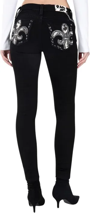 Miss Me Women's Fleur de Lis Saddle Stitch Mid-Rise Skinny Jeans