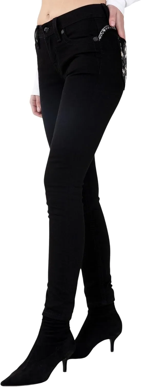 Miss Me Women's Fleur de Lis Saddle Stitch Mid-Rise Skinny Jeans