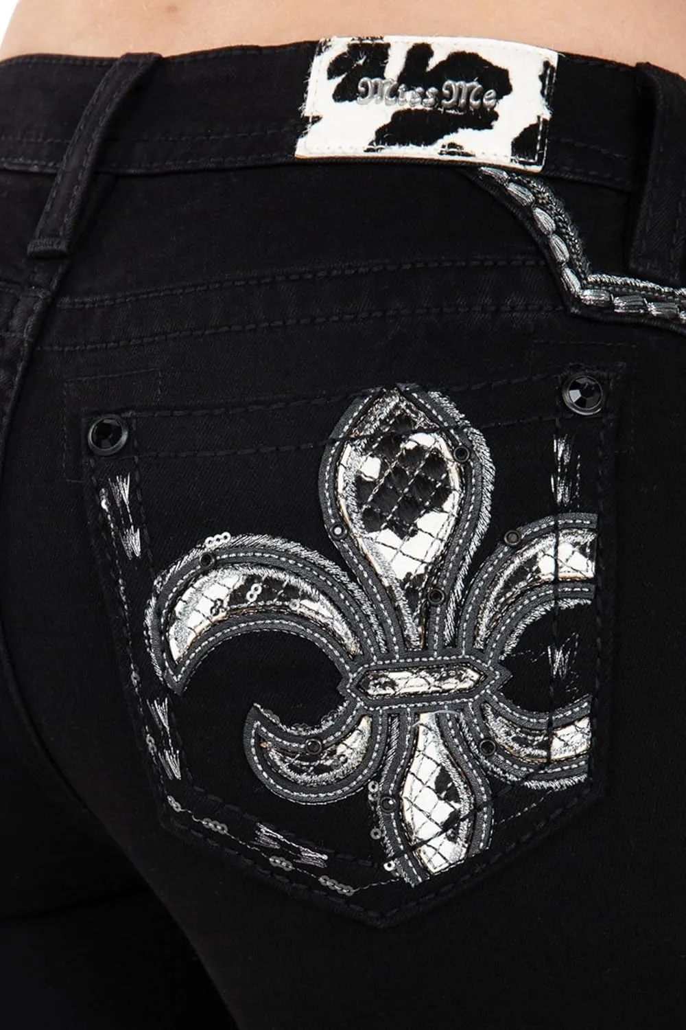 Miss Me Women's Fleur de Lis Saddle Stitch Mid-Rise Skinny Jeans