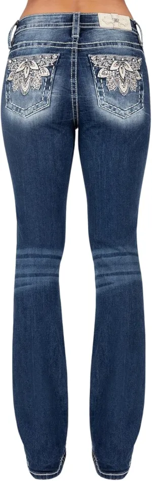 Miss Me Women's Gold Embroidered Flower Mid-Rise Bootcut Jeans