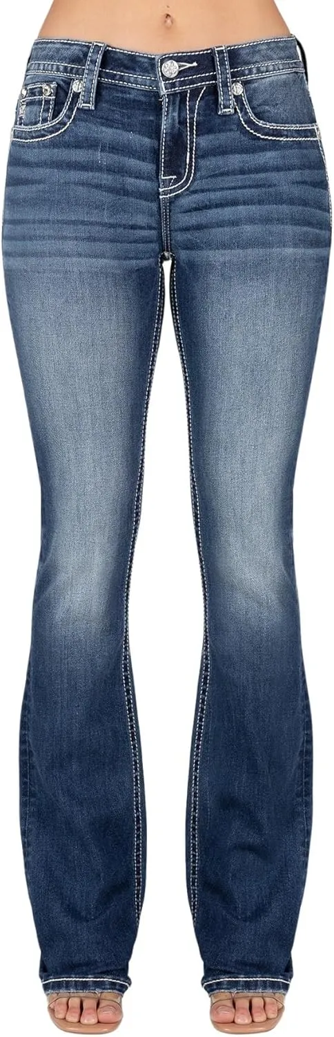 Miss Me Women's Gold Embroidered Flower Mid-Rise Bootcut Jeans