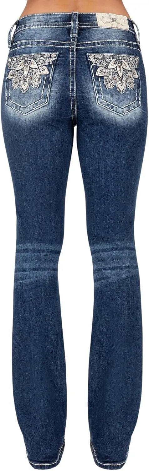 Miss Me Women's Gold Embroidered Flower Mid-Rise Bootcut Jeans
