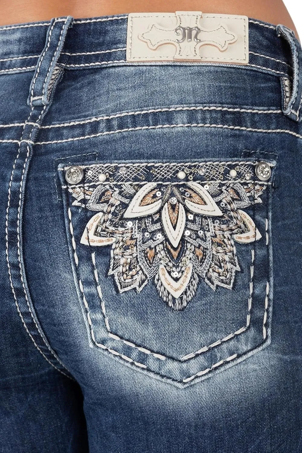 Miss Me Women's Gold Embroidered Flower Mid-Rise Bootcut Jeans